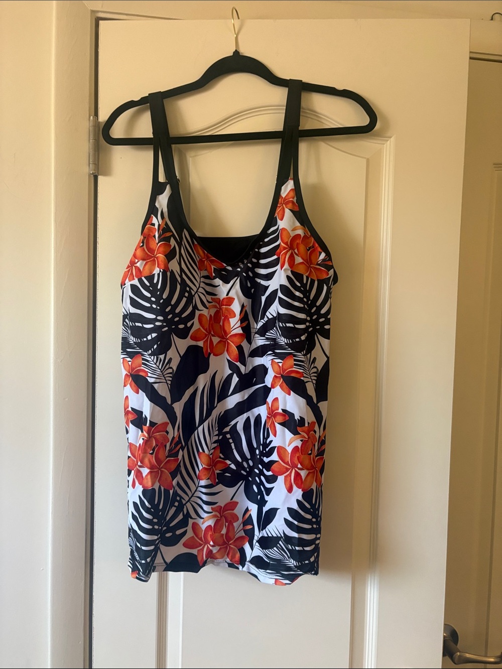 SHEIN Navy & White Floral Tank with Orange Blooms Swimsuit